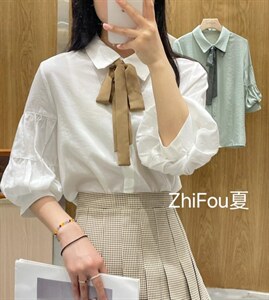 夏季新款 “奶油泡芙”浅条纹撞色飘带灯笼袖小衬衣，其它，知否