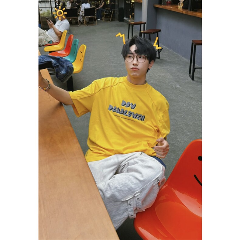 黄色重磅t恤美式正肩纯棉垫肩短袖阔肩半袖T恤T2459-P45,男装T恤,星座1213