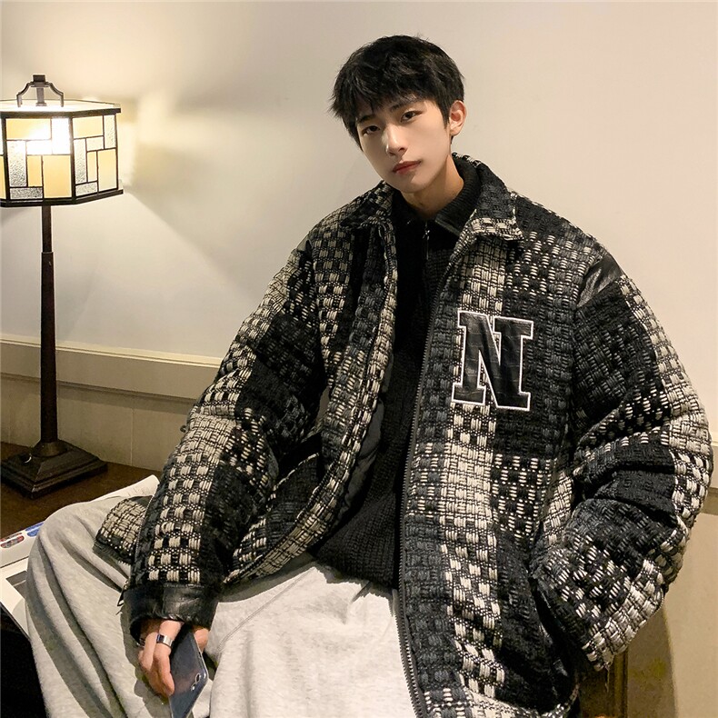 1港风酒店小香风PU皮拼接刺绣潮夹克款棉衣男8807P115控158图片