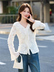 2026春装新款时尚百搭显瘦V领长袖短款衬衫，女装衬衫，天丝秀