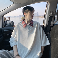 得物抖音品质二开冰感面料美式潮牌格子翻领POLO衬衫短袖T恤，男装T恤，电商A486