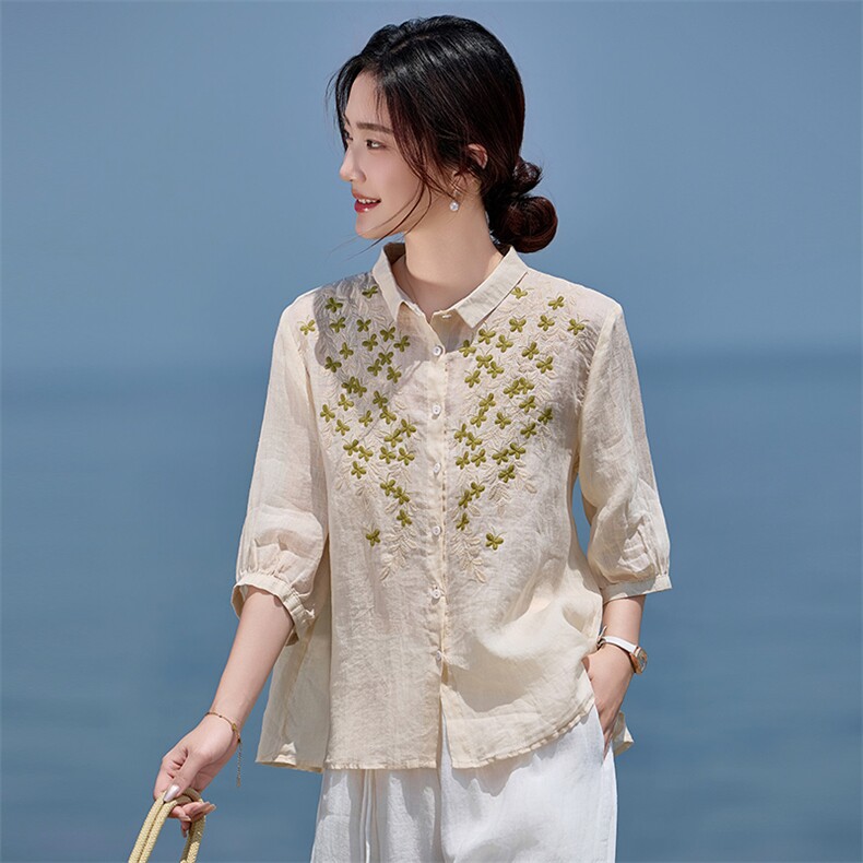 时尚拼色高档刺绣苎麻衬衫女2025新款夏季薄款气质小翻领衬衣小衫，女装衬衫，余墨