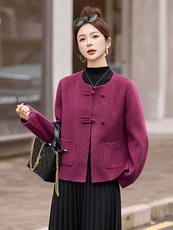 新中式双面羊毛呢外套女2025春秋新款小个子盘扣短款妮子大衣，女装短外套，悠米