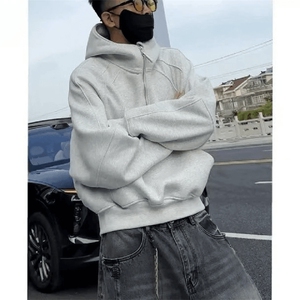 抖音得物高品质二开 26春装重磅宽松结构拉链设计高领连帽卫衣W76图片