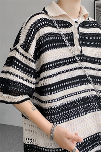 8XL-M 特大码美式复古条纹撞色针织POLO衫翻领休闲短袖TDX311P35图片