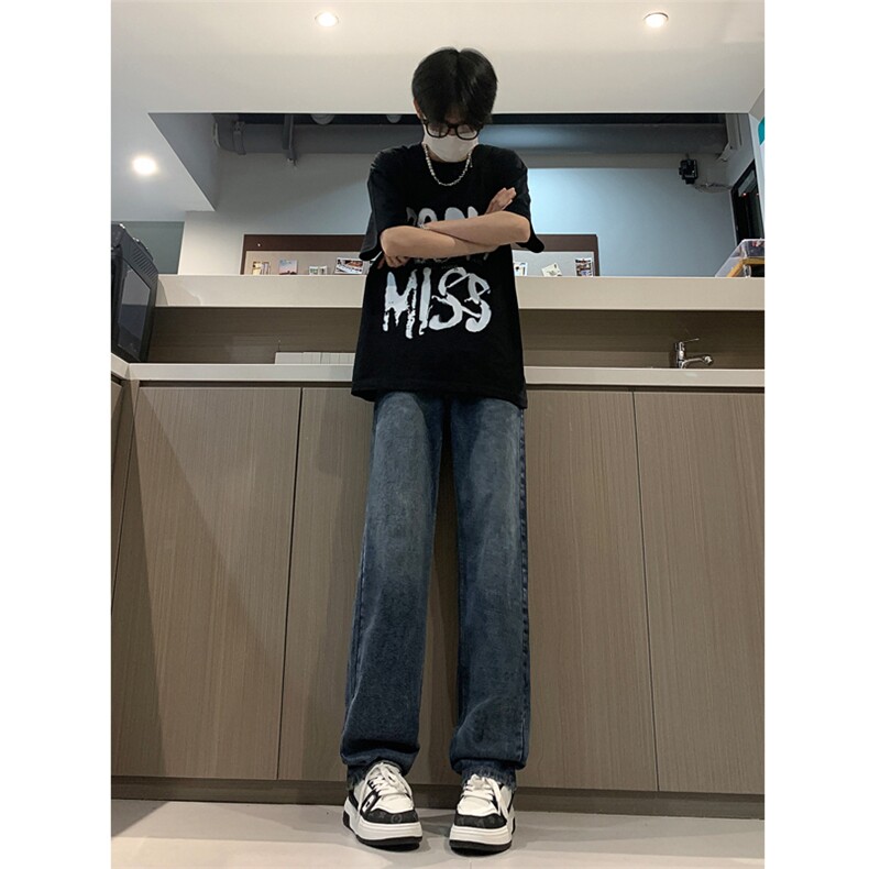 现货24春夏渐变复古蓝黑色宽松直筒阔腿牛仔裤男K5806-P50,男装牛仔裤,星座205