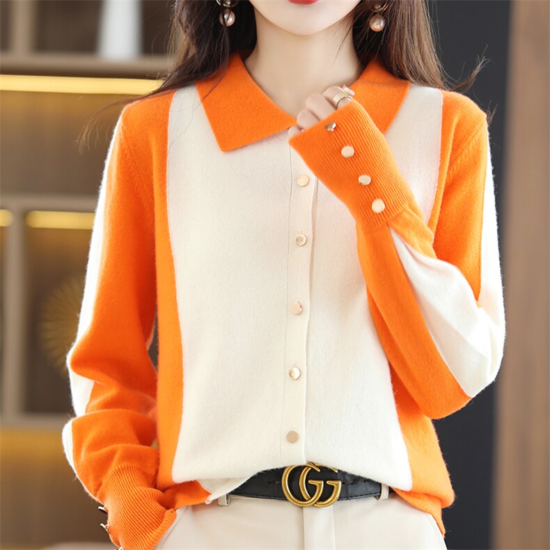 Polo领针织羊毛衫女拼接撞色2024秋新款女装韩版宽松显瘦长袖短款，女装羊毛衫，斯尔特羊绒