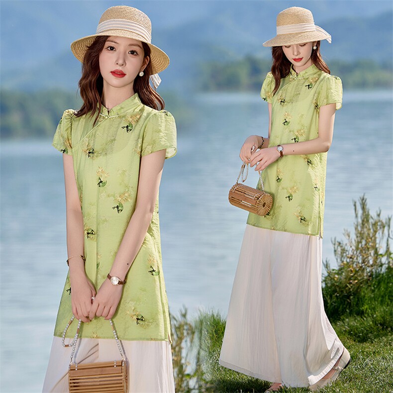 四季青2025夏季新款盘扣印花短袖衬衫时尚阔腿长裤两件套女潮，女装套装/套裙，魅影