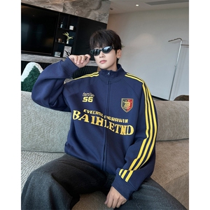 2024新款美式拉链复古条纹开衫外套宽松运动夹克现货W8431-P44
