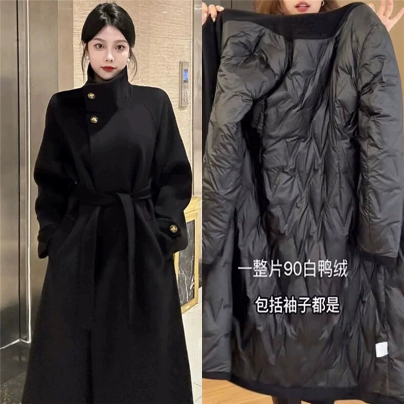 黑色羽绒内胆毛呢外套女长款2025冬季新款时尚加厚赫本风呢子大衣，女装羽绒服，纪茹