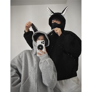 500克美式拼接铆钉杜宾犬耳朵连帽情侣卫衣短外套H1110特P85图片