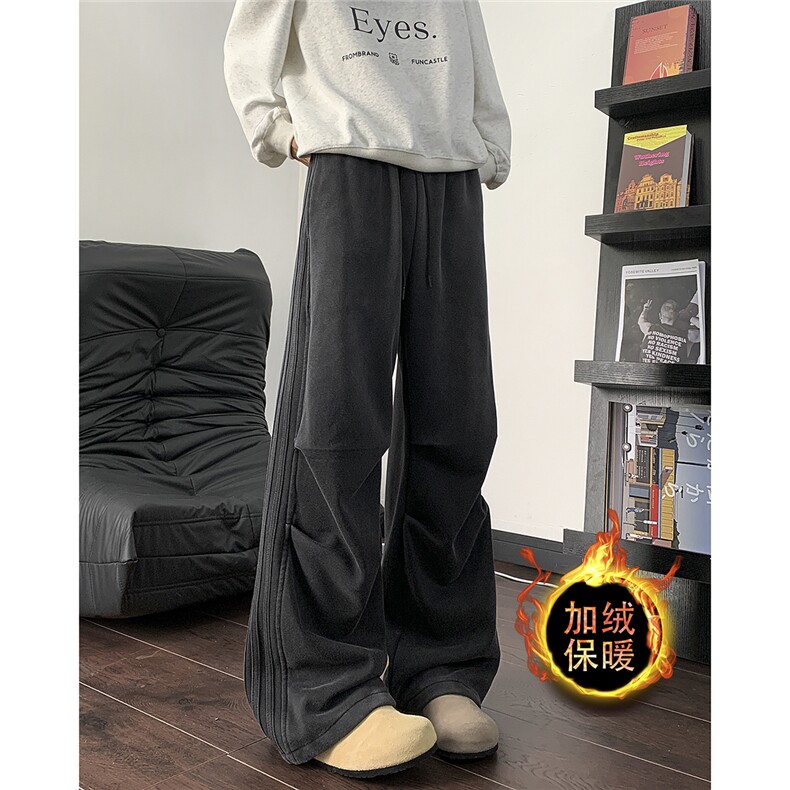 加绒加厚水洗卫裤男秋冬季潮牌褶皱美式高街痞帅阔腿拖地休闲裤子，男装卫裤，电商B335