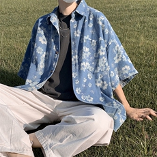 2023夏季新款情侣牛仔花朵衬衫复古做旧上衣短袖衬衣男W3427-P50，男装衬衫，星座512-2
