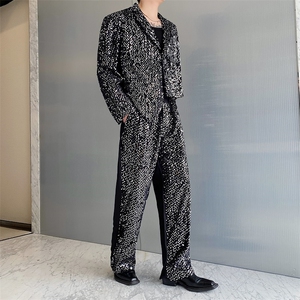 2024年春季亮片拼接宽松阔腿裤长裤男潮青春流行西服套装图片