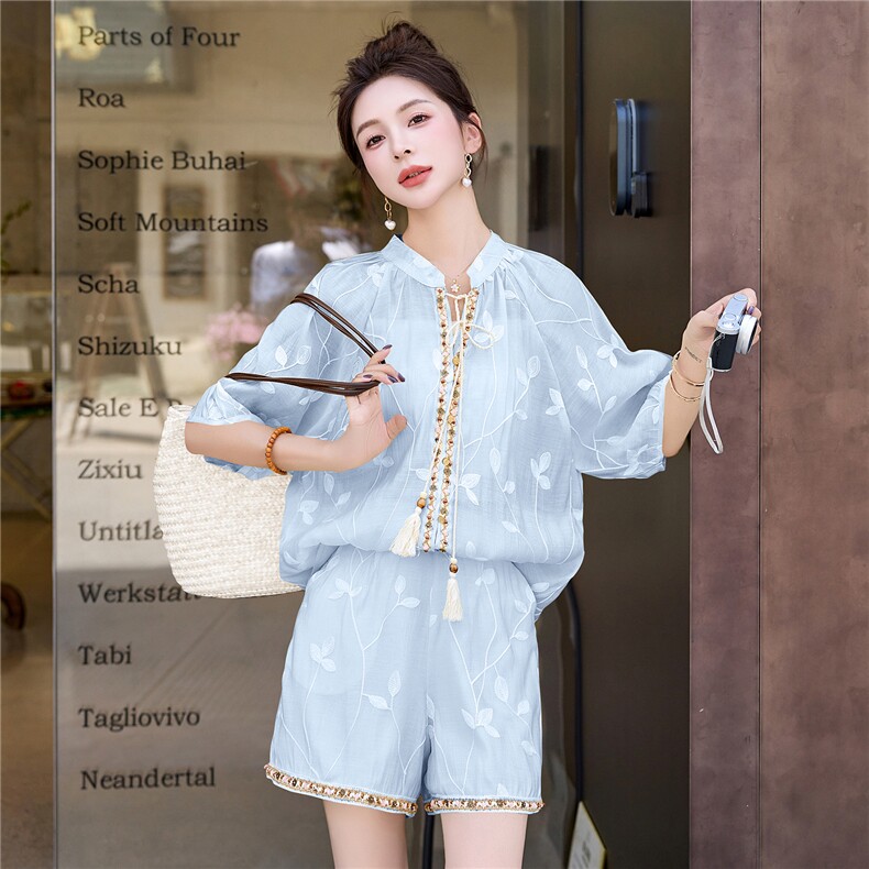 2025夏季新款时尚套装女洋气小个子短袖上衣阔腿裤两件套潮,女装套装/套裙,韩美纤衣