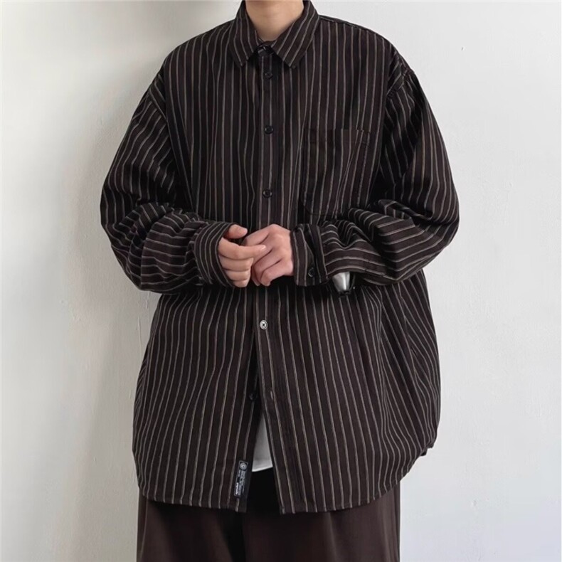 380-P37秋日系复古条纹衬衫男女生学院男友风长袖宽松衬衣上衣,男装衬衫,电商B323A