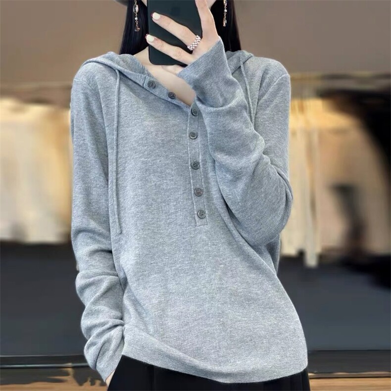 慵懒风宽松新款连帽35%羊绒针织打底衫带帽子长袖,女装羊绒衫,以美红杉羊绒