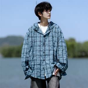 廓形防晒衬衫男夏季长袖冰丝薄款亚麻格子衬衣开衫外套CS29006P48图片