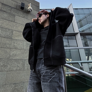 抖音得物高品质秋冬美式高街重磅结构辑明线纹理连帽卫衣外套W111图片