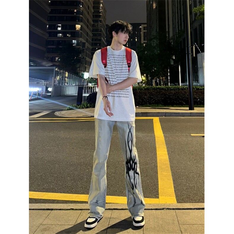 【网图现货】美式高街黄泥色牛仔裤直筒火焰残影裤子CCNZ05-特P58,男装牛仔裤,星座1007（原301D）