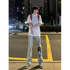 【网图现货】美式高街黄泥色牛仔裤直筒火焰残影裤子CCNZ05-特P58，男装牛仔裤，星座1007（原301D）