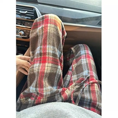 美式复古酒红色毛呢格子裤男款秋冬重磅卫裤宽松直筒休闲裤子，男装休闲裤，星座506A