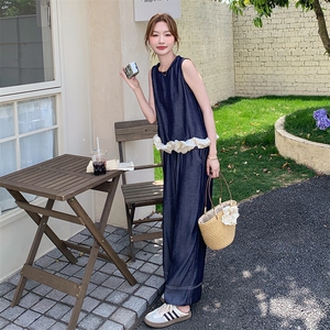 2025夏季新款韩系学院风减龄上衣阔腿长裤两件套女高级感洋气套装图片