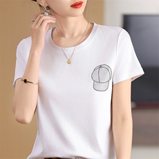 烫钻帽子工艺丝光棉圆领短袖女夏装新款冰丝T恤显瘦修身打底上衣，女装T恤，元素羊绒