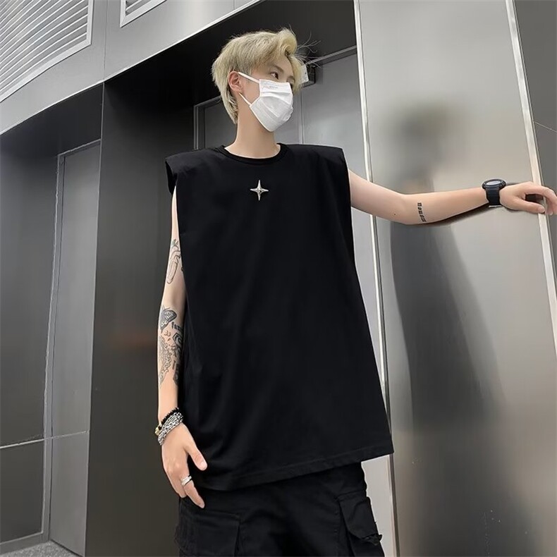可拆垫肩无袖背心男士夏季潮牌高街运动坎肩休闲t恤上衣T029-P33,男装T恤,星座308B-1