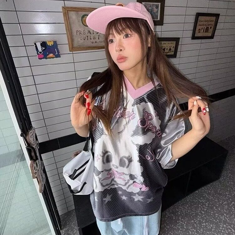 2025美式T恤女夏季新款休闲像素印花短袖时尚潮流熊猫圆领上衣潮,男装T恤,星座506A