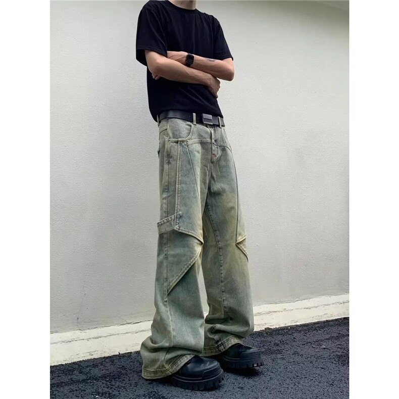 美式高街复古可变裤形微喇叭牛仔裤男高腰宽松垂感阔腿拖地长裤子图片