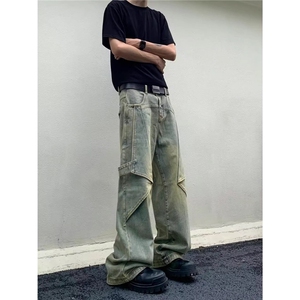 美式高街复古可变裤形微喇叭牛仔裤男高腰宽松垂感阔腿拖地长裤子图片