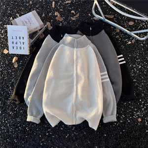 港风秋款男女立领拉链开衫条纹拼接撞色针织衫外套M33 P58,男装针织衫/毛衣,星座1013-1