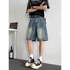 夏2025港风新款复古做旧休闲五分牛仔裤潮流宽松短裤DK0263-P40，男装牛仔裤，星座308B-2