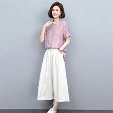 2022重工刺绣短袖衬衫女夏季新款妈妈衬衣棉麻风休闲上衣，女装衬衫，忆绮罗