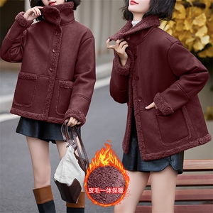 皮毛一体仿羊羔毛外套女短款2024新款秋冬季加绒机车服加厚皮夹克图片
