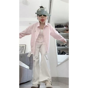 TC1355-p45韩系Polo领粉色格子长袖衬衫女少女感慵懒薄款开衫衬衣图片