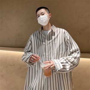 条纹长袖衬衫男夏季新款日系复古青少年学生休闲衬衣外套~S30038图片