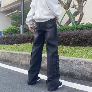 美式复古多口袋牛仔裤男女直筒宽松休闲长裤欧美高街潮牌裤P69图片