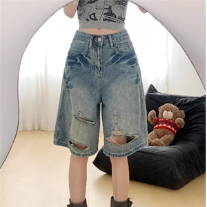 破洞五分牛仔裤女夏季新款高腰复古美式大码宽松中裤子潮AA47-P40图片