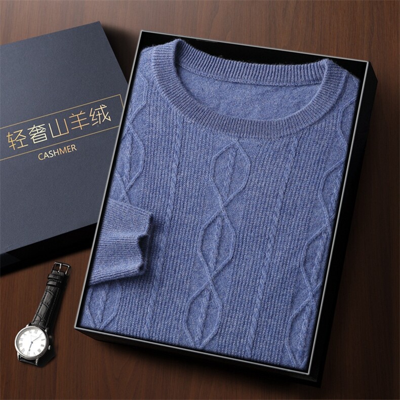 秋冬季新款舒适时尚百搭一线成衣圆领绞花35%羊绒衫，男装羊绒套衫，雅之冉羊绒