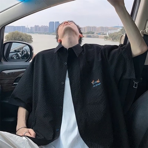 新款泡泡纱速干短袖衬衫男夏季薄款腊肠狗刺绣翻领衬衣LS001 P37图片