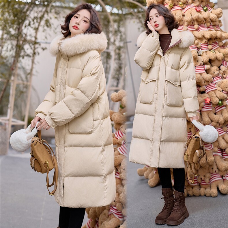 水衣源8806款中长款连帽狐狸毛领宽松阔版加厚保暖羽绒服女，女装羽绒服，水衣源