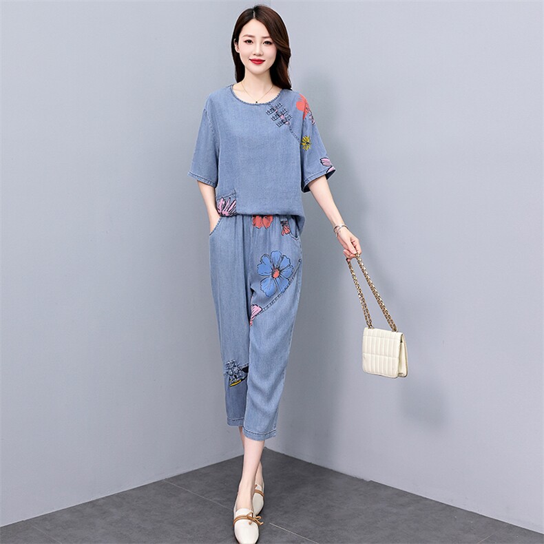 现货！天丝牛仔拼接套装女2024夏季新款洋气优雅气质两件套,女装套装/套裙,魅影