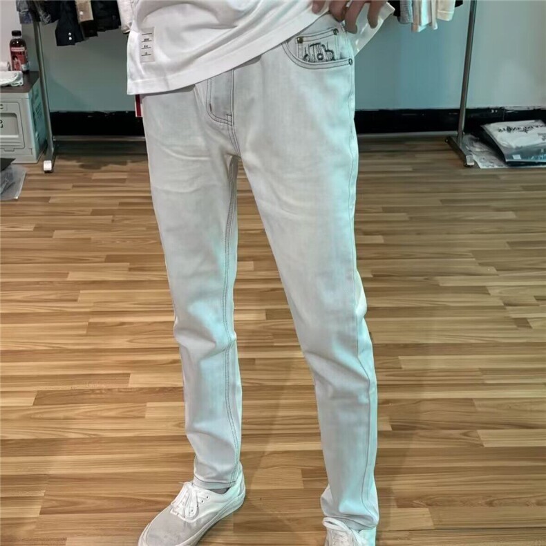浅灰色字母印花牛仔阔腿裤男春款高腰炸街直筒休闲小脚裤,男装休闲裤,星座506A