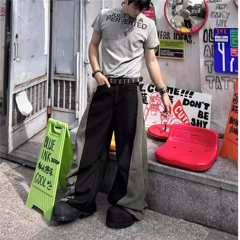 美式设计款拼接拼色弯刀阔腿直筒休闲裤男宽松西裤长裤QL6066-P58,男装休闲裤,星座1008