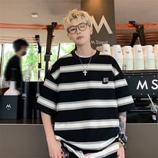 夏季条纹短袖t恤男士ins潮牌港风宽松体恤韩版潮流百搭半袖上衣服，男装T恤，星座1013