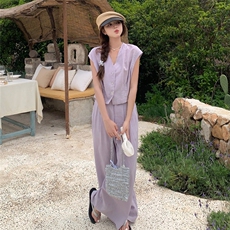 现货2025夏季新款紫色无袖背心套装女夏显瘦舒适阔腿裤两件套，女装套装/套裙，2C120