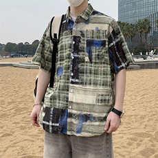 复古男款春秋夏季衬衫潮流宽松青年痞帅短袖破洞衬衣港风7224P45，男装衬衫，电商A056