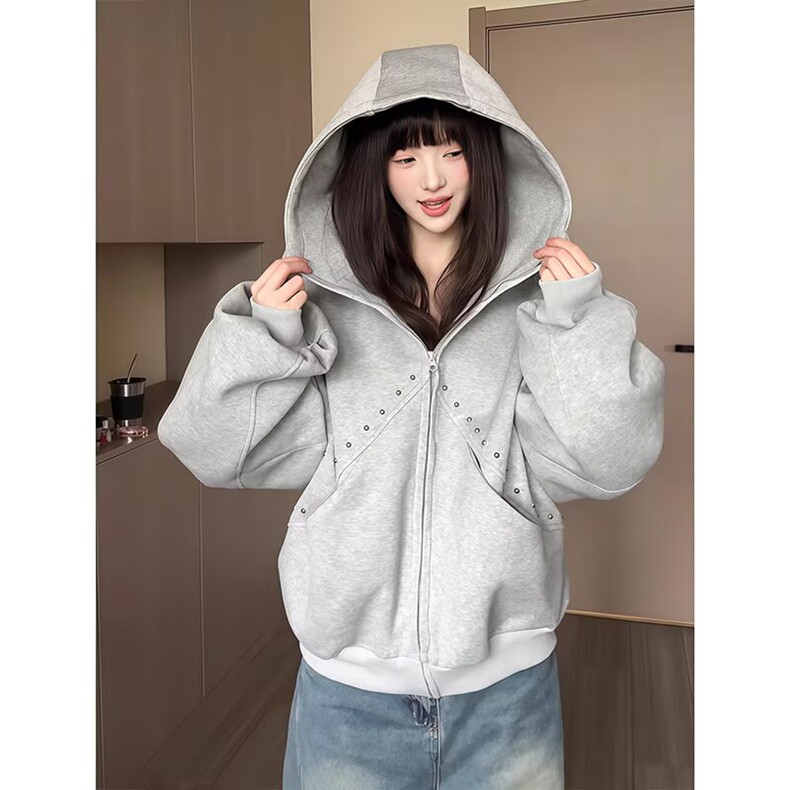 高街美式秋冬季连帽拉链开衫卫衣男纯色上衣情侣休闲百搭短款外套,女装短外套,星座218-8